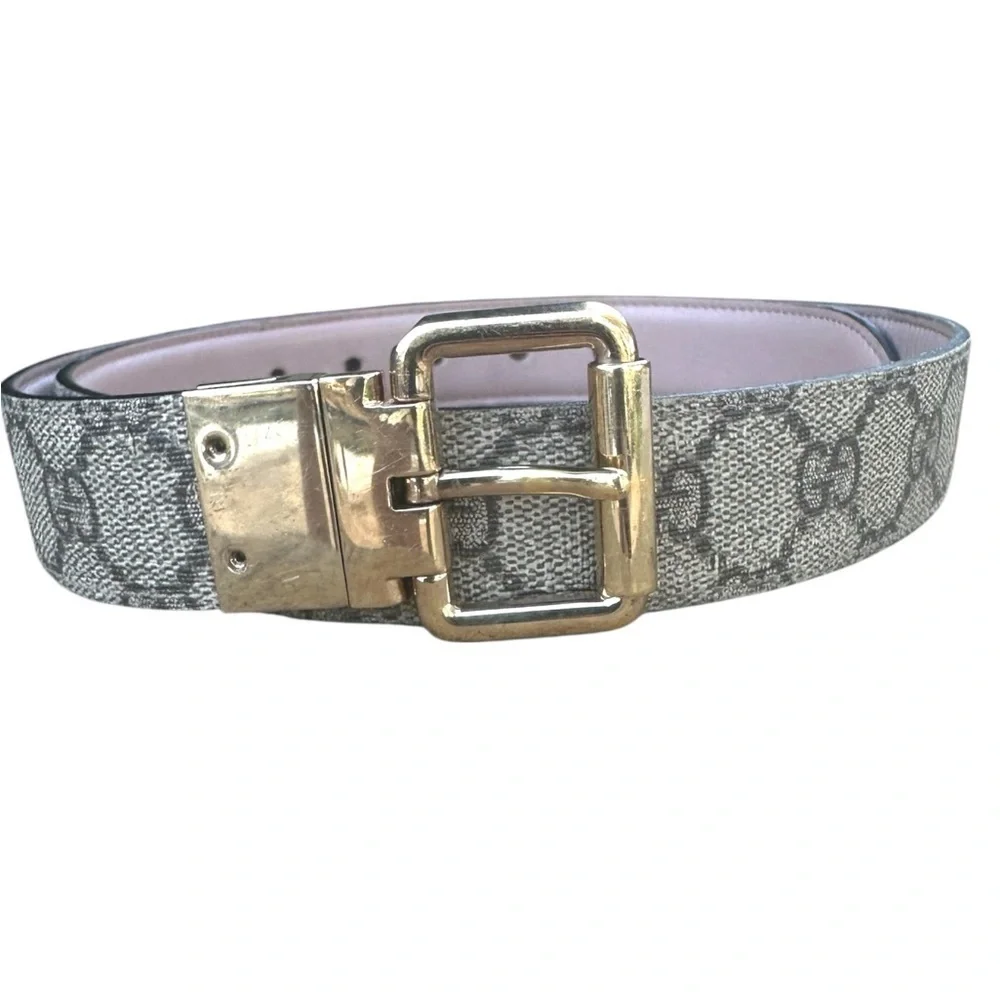 GUCCI Monogram Double G Reversible Mauve Pink Leather Gold Women's Belt 38”